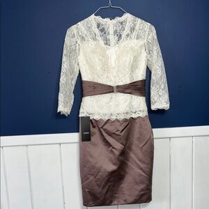 NWT Izidress Elegant ivory / brown, lace & satin special occasion dress sz 2/4